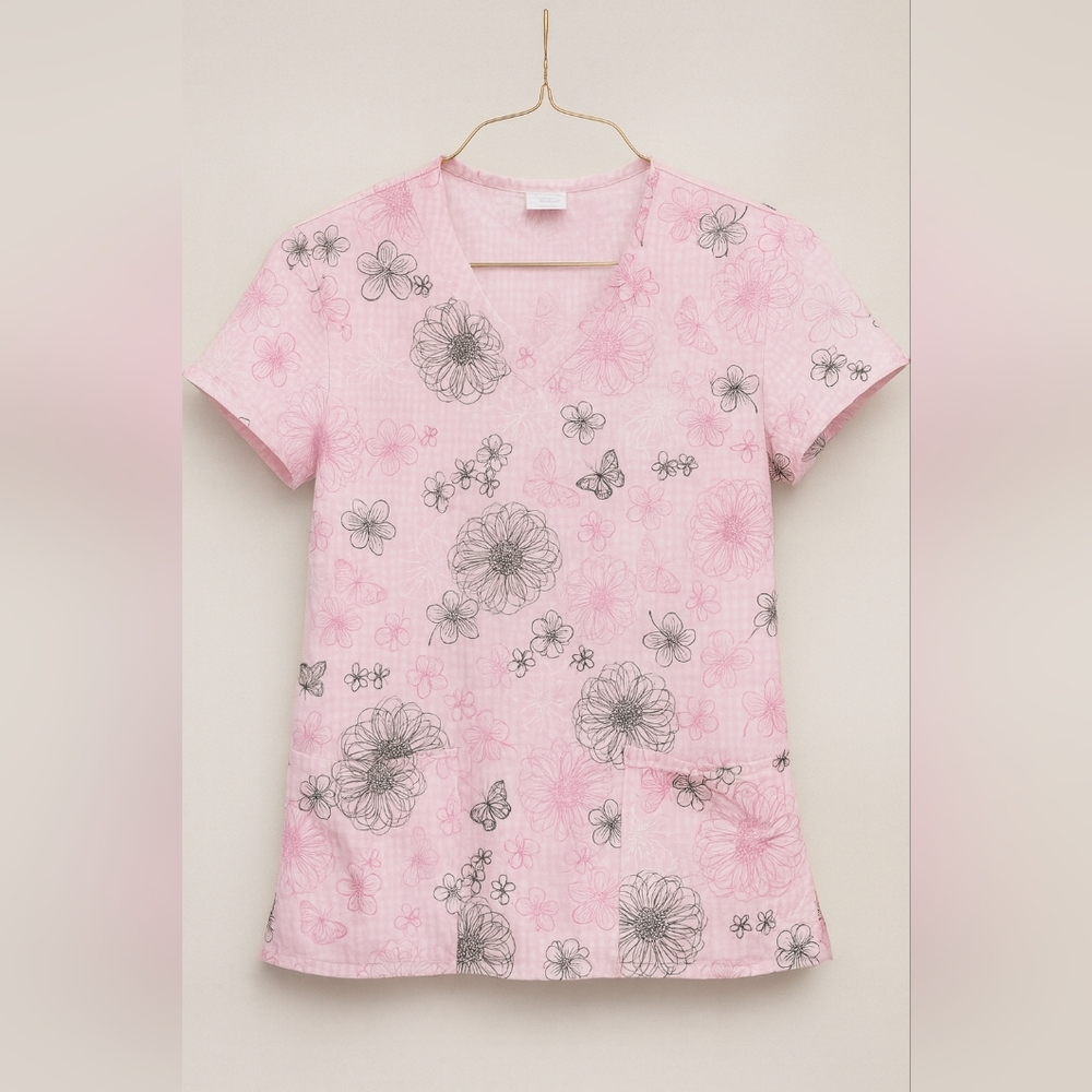 Floral Pink Short Sleeve Scrub Top